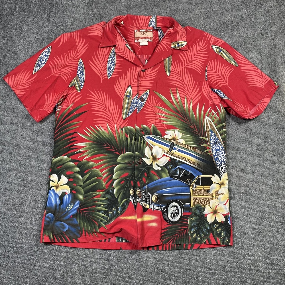 RJC Hawaiian Shirt‎ Mens Medium Surf Woody Car Floral Aloha Made in Hawaii USA
